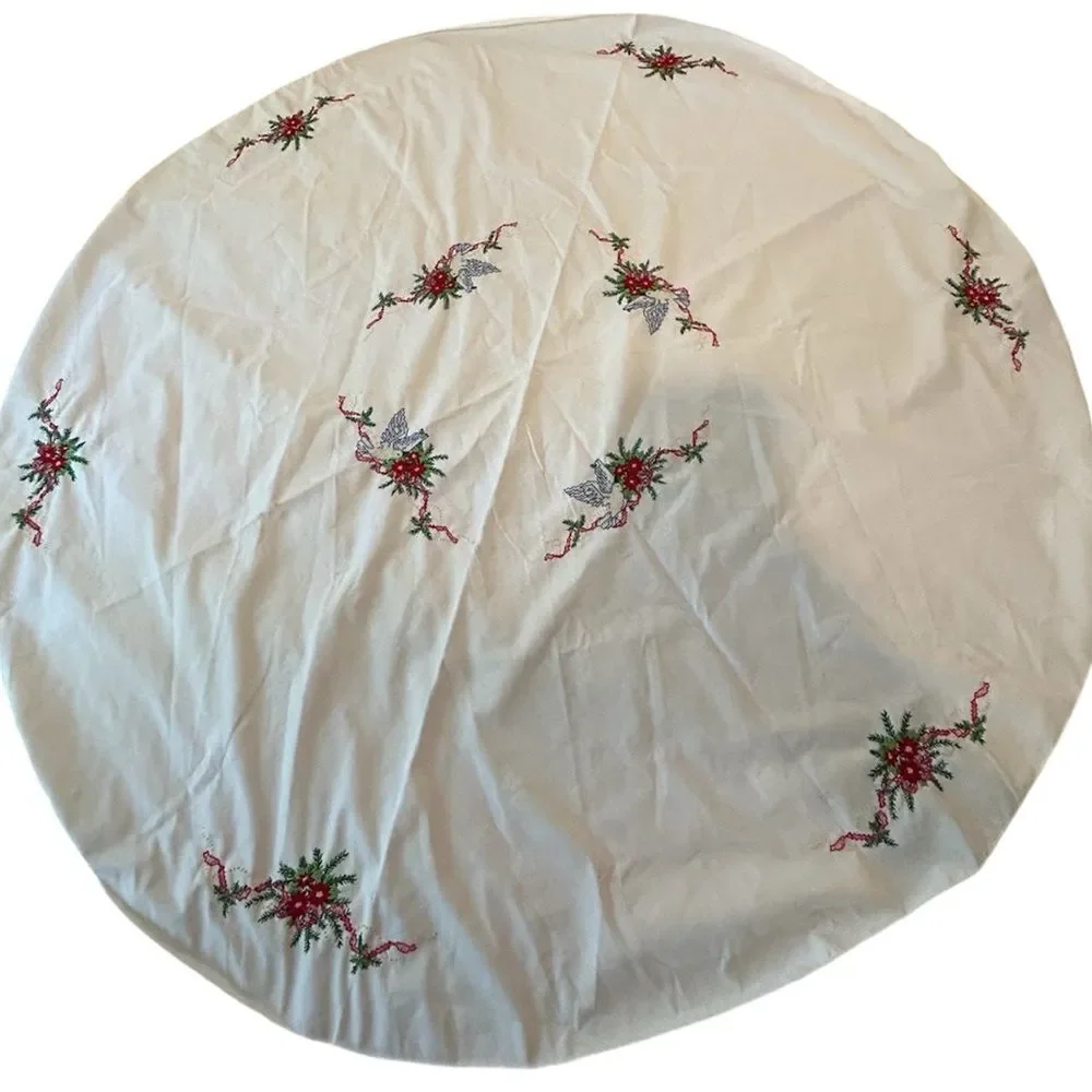 Vtg Handmade Embroidered Round Tablecloth Christmas Holly 57 inches * stains
